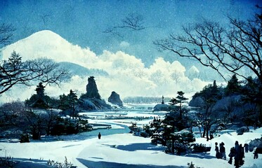 Illustration of a scene in the Japanese countryside in winter.