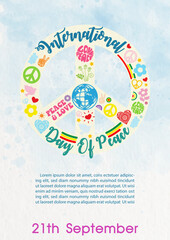 Peace sign with peace icon pattern  and the day and name if event, example texts on blue watercolor background. Poster's concept of Peace day campaign in vector design.