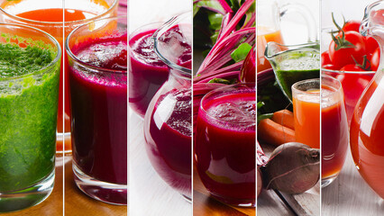 Collage made of fresh vegetable smoothie.