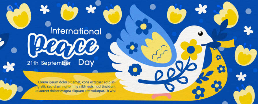 White pigeon with flowers pattern and the day and name of event, example texts on flowers and blue background. Poster's concept of Peace day (theme color of Ukraine flag) campaign in vector design.