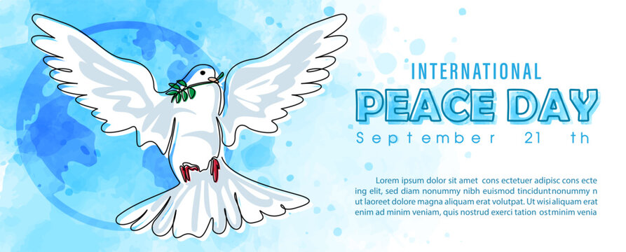 Hand draw and one line style in a peace dove shape with the day and name of event lettering on global and blue watercolor background. Poster's concept of Peace day campaign in vector design.