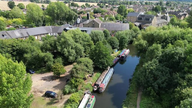 Canal boats moored on river Stort The Maltings Sawbridgeworth Hertfordshire aerial view