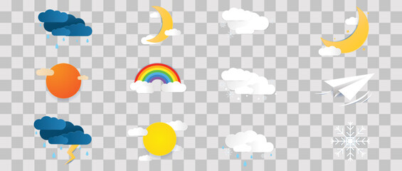 Paper cut weather icons set on isolated background.