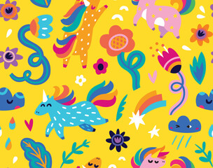 Yellow seamless pattern with unicorns, flowers and clouds. Vector illustration