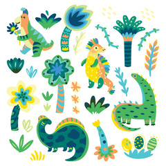 Collection of lovely cartoon dinosaurs, leaves and trees. Vector illustration © penguin_house