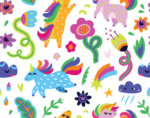 Seamless pattern with unicorns, flowers and clouds. Vector illustration