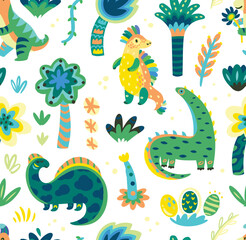 Seamless childish pattern with cute dinosaurs and trees. Vector illustration