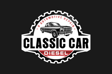 Classic car diesel logo design automotive old double cabin truck workshop icon symbol black silhouette 