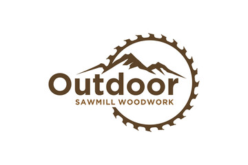 Outdoor mountain logo design carpenter circular saw icon symbol lumberjack woodwork