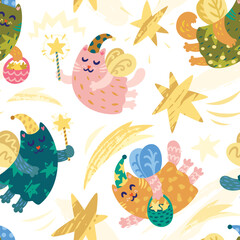 Obraz na płótnie Canvas Fairy tale cats in magic caps with Magic wands. Seamless pattern in vector