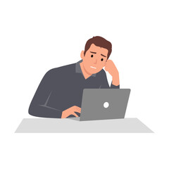 Young man tired at the desktop. Headache or illness at work. Overwork and difficulties of an office worker. Flat vector illustration isolated on white background