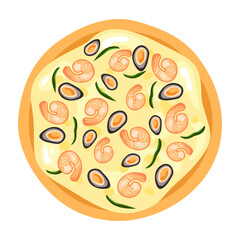 Seafood pizza icon. Modern illustration whole pizza with mussels shrimp cheese and pepper