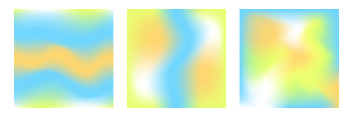 Naklejka premium Vector mesh gradient y2k backgrounds set. Abstract fluid aesthetic illustrations. Soft colors blue, yellow, orange. Trendy design with copy space for text. Vibrant blurred template