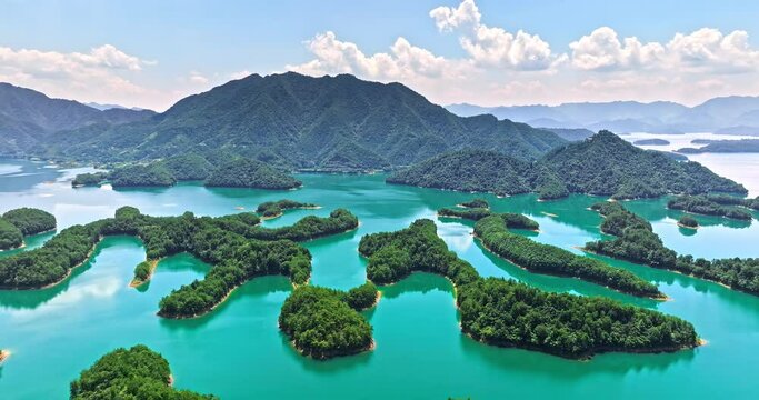 Aerial footage of Thousand Island Lake. Bird View of Freshwater Lake. Hangzhou, Zhejiang Province, China.