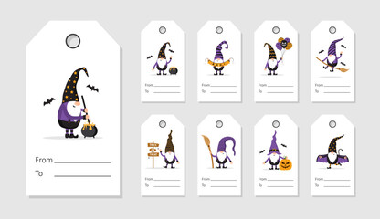Set of Halloween sale tags with cute scandinavian gnomes. Spooky night discount. Vector illustration in cartoon style. Holiday backgrounds with festive elves.