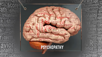 Psychopathy in human brain - dozens of important terms describing Psychopathy properties and features painted over the brain cortex to symbolize Psychopathy connection with the mind.,3d illustration