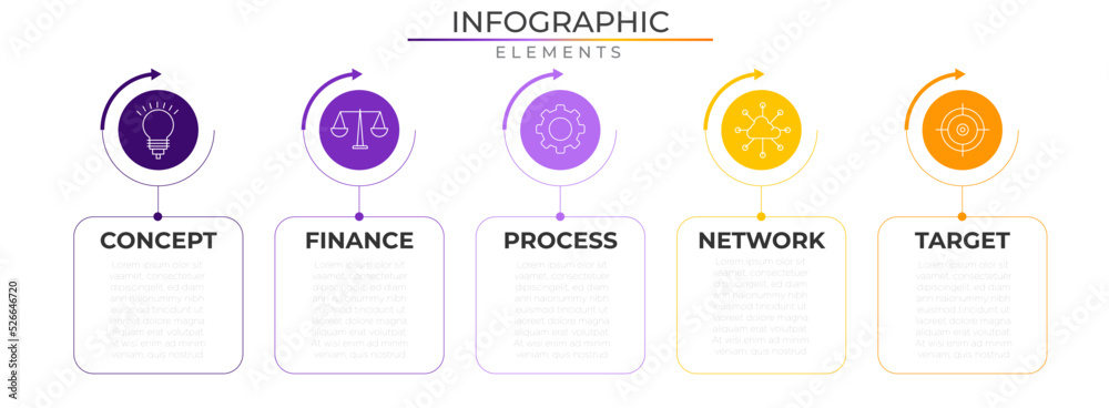 Wall mural Agenda infographic elements concept design vector with icons. Business workflow network project template for presentation and report.