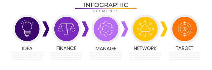 Business circular infographic elements concept design vector with icons. Workflow network project template for presentation and report.