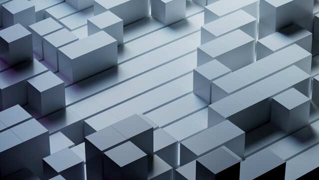 Modern Tech Wallpaper with Precisely Arranged Glossy Cubes. Grey, 3D Render.