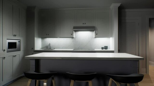 3D visualization animation of the kitchen interior. 