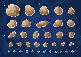 Flat space meteorite stickers vector graphic set. Collection of patches with asteroids, belt rocks and meteorites in color flat style design on blue starry space background for galaxy game graphic. © moonnoon