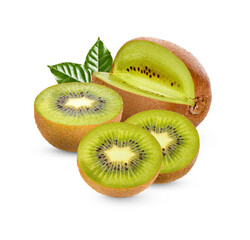 Fresh Kiwi fruit with leaves isolated on white background