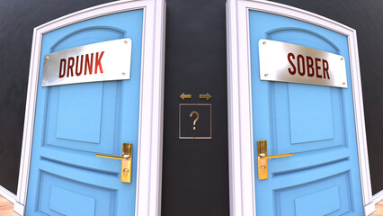 Drunk or Sober - a choice. Two options to choose from represented by doors leading to different outcomes. Symbolizes decision to pick up either Drunk or Sober.,3d illustration