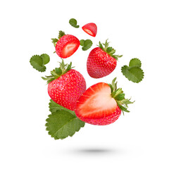 Fresh strawberries with leaves isolated on white background