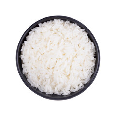 Rice in black bowl isolated on white background. Top view