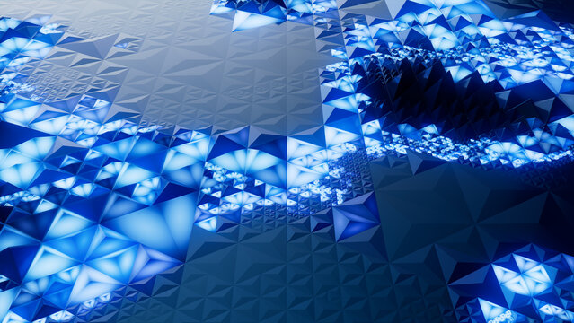 Neon Modern Surface with Tetrahedrons. Illuminated, Blue Geometric 3d Banner.