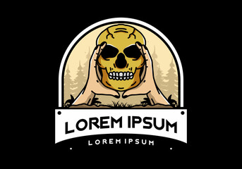 Two hand holding a skull illustration badge