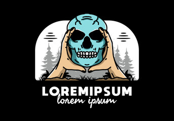 Two hand holding a skull illustration badge