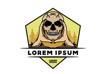 Two hand holding a skull illustration badge