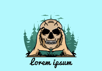 Two hand holding a skull illustration badge