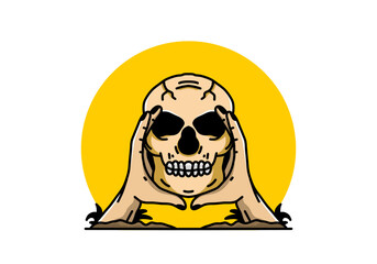 Two hand holding a skull illustration badge