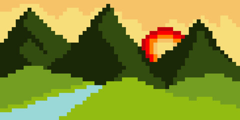 Mountains landscape with pixel art. Vector illustration.