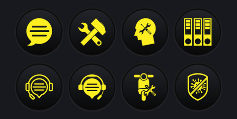 Set Headphones with speech bubble chat, Office folders, Scooter service, Human head, Crossed hammer and wrench, Stop virus, bacteria and Speech icon. Vector