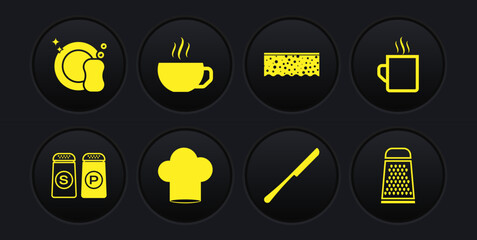 Set Salt and pepper, Coffee cup, Chef hat, Knife, Sponge with bubbles, Grater and Washing dishes icon. Vector
