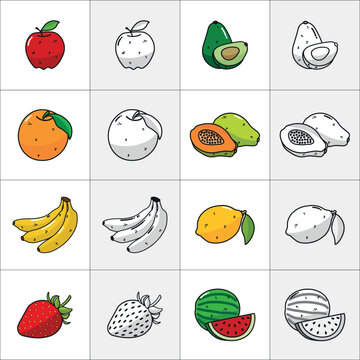 Fruit icons, colored, monochrome, black and white.