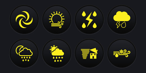 Set Cloud with snow, rain, moon, and lightning, sun, Tornado swirl, Storm, Wind, and icon. Vector