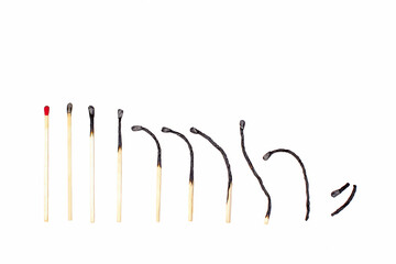 Different stages of match burning. Isolated on white