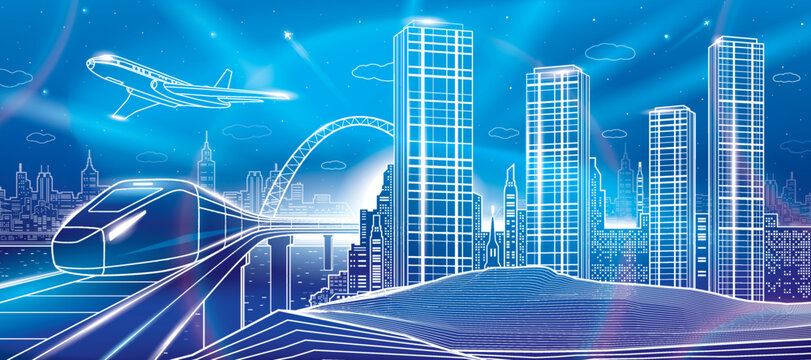 Train move on bridge above sea. Night city. Towers and skyscrapers, infrastructure and transport illustration. Airplane fly. White outlines at blue neon glow background, vector design art