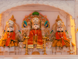 Bangalore, India 29th August 2022:  Beautiful Interior decoration and designs in a Jain temple. Jainism. Pooja in Jain Derasar. shwetambar jain mandirvasi. Holy divine place.