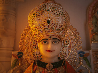 Bangalore, India 29th August 2022:  Beautiful Interior decoration and designs in a Jain temple. Jainism. Pooja in Jain Derasar. shwetambar jain mandirvasi. Holy divine place.