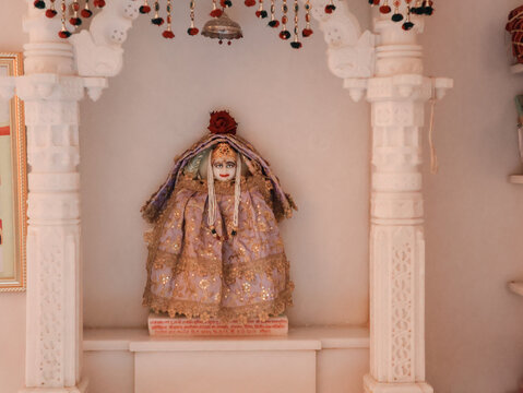 Bangalore, India 29th August 2022:  Beautiful Interior decoration and designs in a Jain temple. Jainism. Pooja in Jain Derasar. shwetambar jain mandirvasi. Holy divine place.