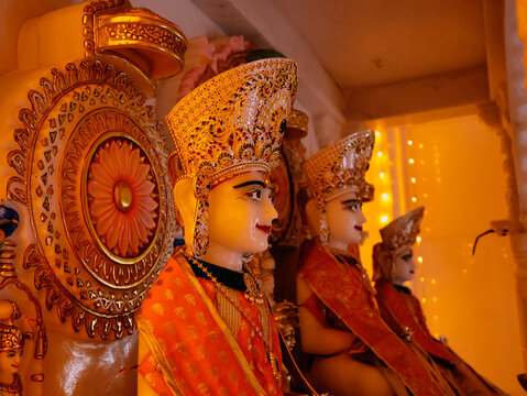 Bangalore, India 29th August 2022:  Beautiful Interior decoration and designs in a Jain temple. Jainism. Pooja in Jain Derasar. shwetambar jain mandirvasi. Holy divine place.