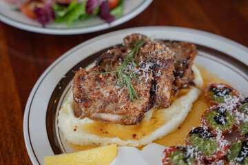 beef steak with mashed potatoes
