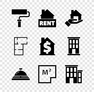 Set Paint roller brush, Hanging sign with Rent, Realtor, Hotel service bell, House plan, and dollar symbol icon. Vector