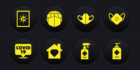 Set Corona virus on location, Medical protective mask, House with heart inside, Liquid antibacterial soap, Earth medical, and Virus statistics monitor icon. Vector