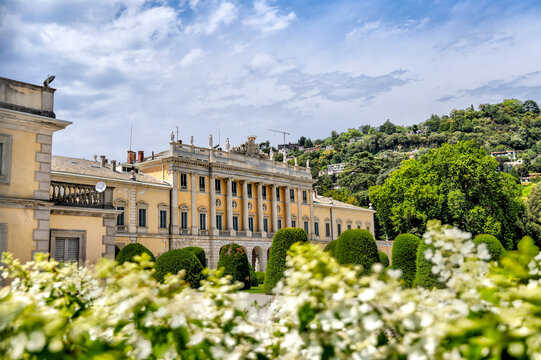 Lake Como, Italy - July 4, 2022: The public grounds and gardens of Villa Olmo on the shores of Lake Como, Italy
